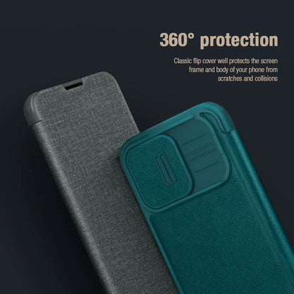 QIN Pro Plain Leather Cloth Case For iPhone 15 Pro Max Flip Shockproof Camera Slider Protection Cover With Card Holder