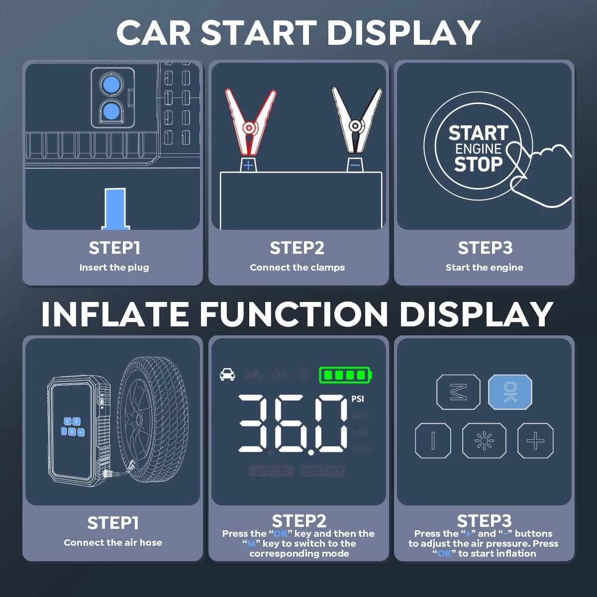 Car Jump Starter with Air Compressor, 6000A/7000A Portable Car Battery Booster (ALL Gas/10.0L Diesel) with 160PSI