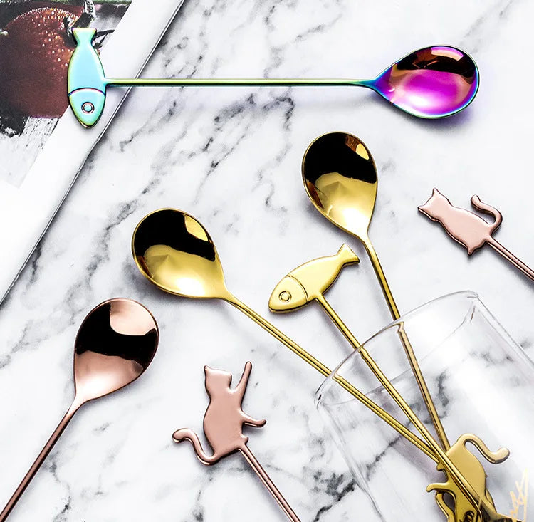 Coffee Spoon Lovely Cute Cat Shape Teaspoon Dessert Snack Scoop Ice Cream Mini Spoons Kitchen ToolsTableware 304 Metal