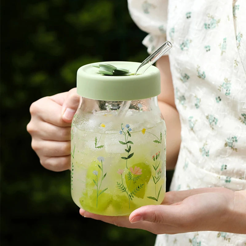 600/780ml Grass Pattern Mug With Straw And Lid Glass Tumbler With Graduated Heat Resistant Cup For Coffee Milk Drinkware