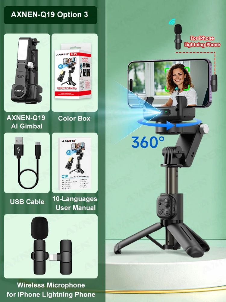 Q19 AI Desktop Gimbal Stabilizer 360 Rotation Auto Face Tracking Mobile Phone Handheld Anti-shake Selfie with Fill Light