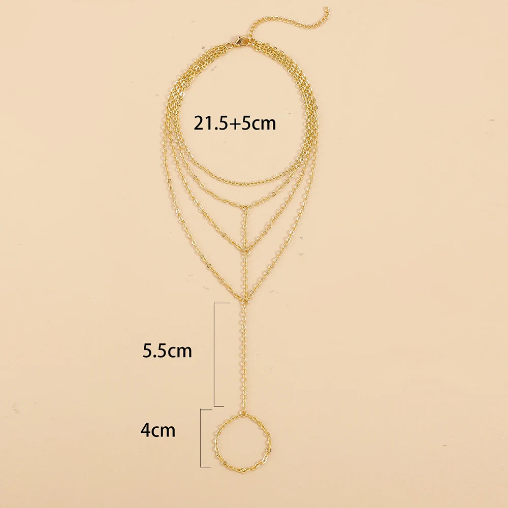 Bohemian Multilayer Link Chain Anklet for Women Gold Color Chains Connecting Foot Finger Rings Anklets