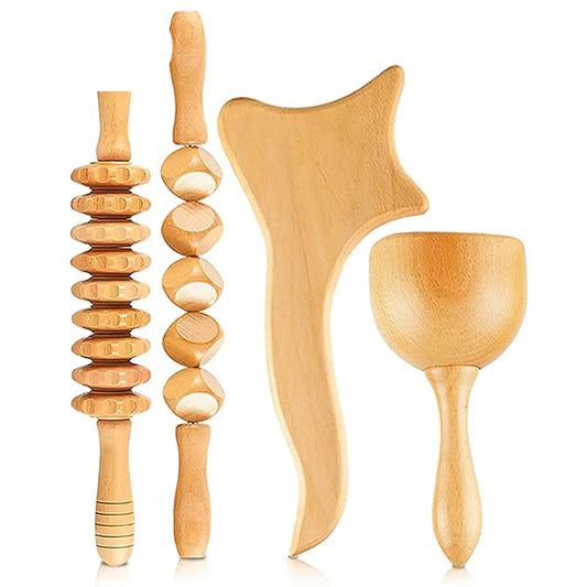 4 In 1 Wooden Therapy Massage Tools Anti Cellulite Massager Muscle Pain Relief Wooden Kit for Body Shaping & Sculpting