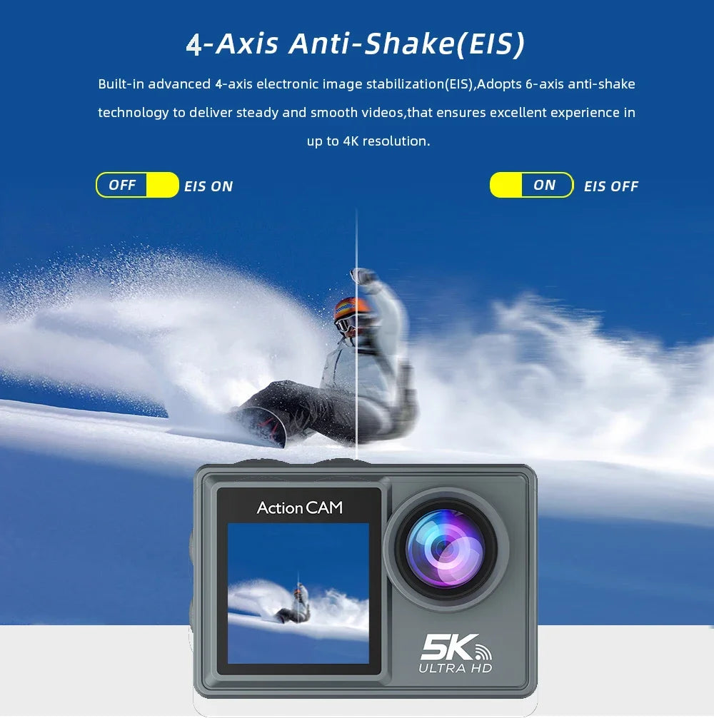 5K Action Camera Pro WiFi Waterproof Sports Camera with Remote Control EIS 1080P 60FPS for Bicycle Motorcycle Helmet