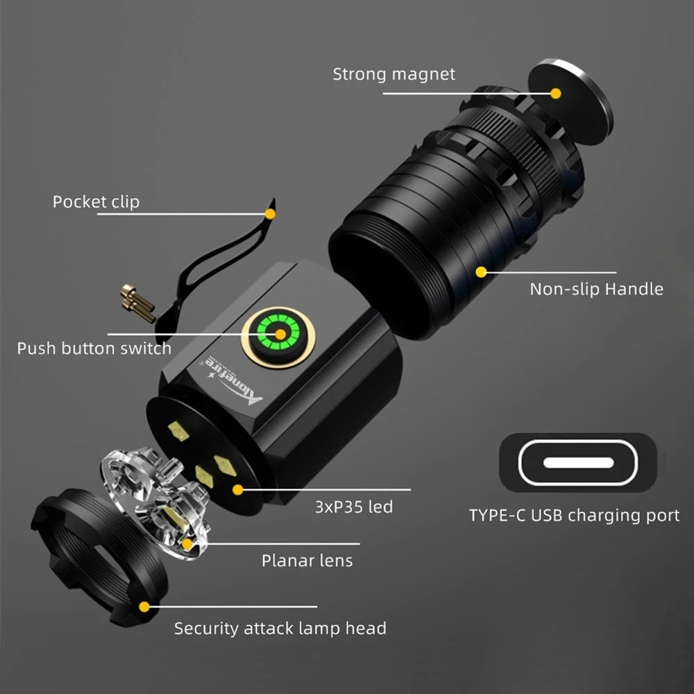 Mini 3 LED Rechargeable Flashlight With Magnetic Base