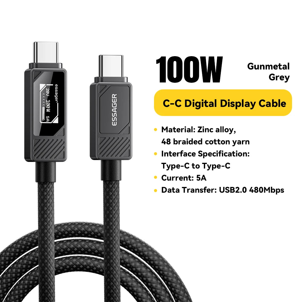 100W USB-C to USB-C Fast Charging Cable with LED Display