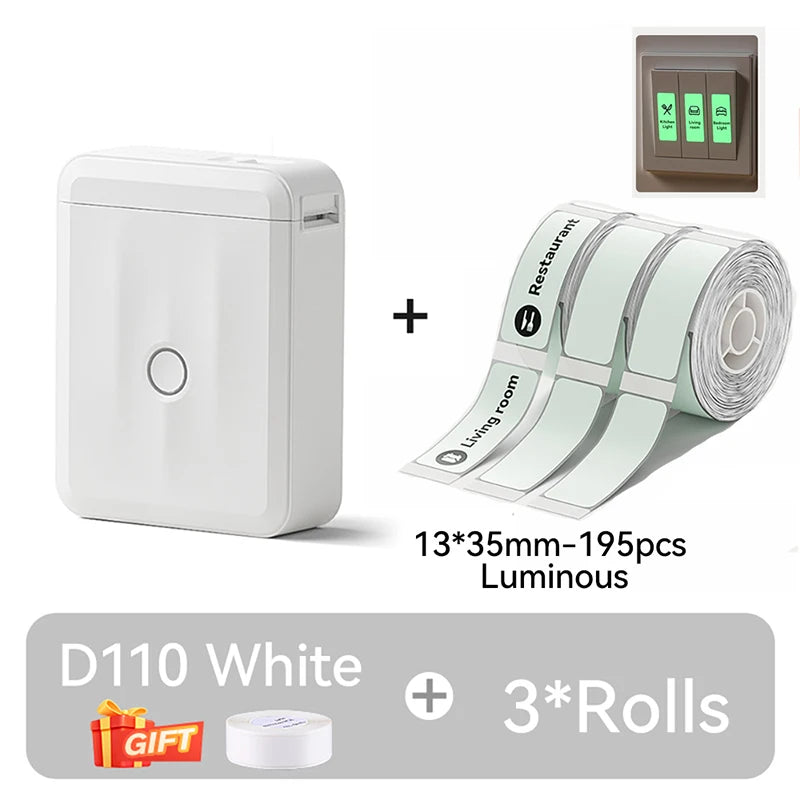 D110 Mini Portable Thermal Label Printer, Bluetooth Wireless Inkless Sticker Maker 12–15mm, Compact Label Machine for Home Organization
