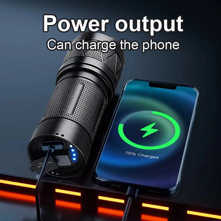 Ultra Bright LED Flashlight 12000mAh Rechargeable Zoomable Tactical Torch IPX6 Waterproof Power Bank