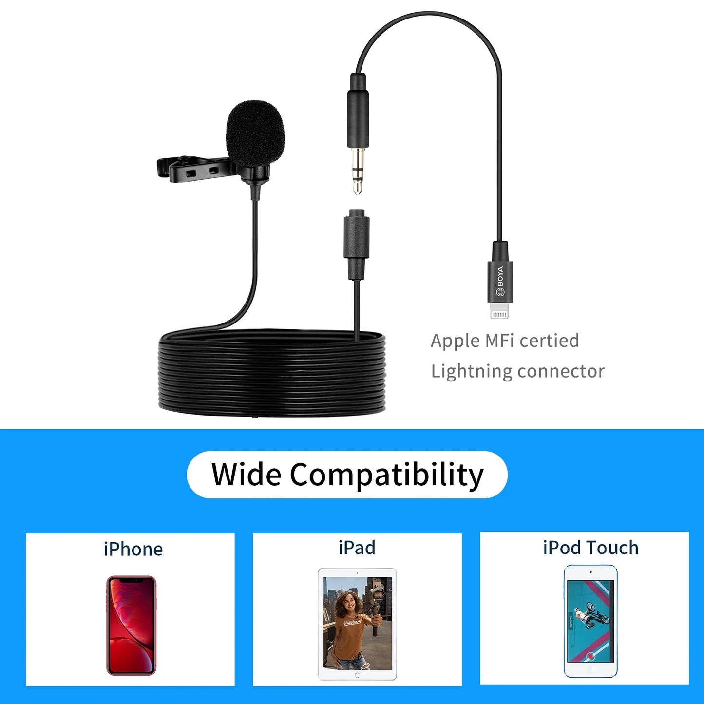 Lavalier Lapel Clip-on Microphone Cardioid Mic with 3.5mm TRS Cable Detachable Single Head Compatible for Smartphone