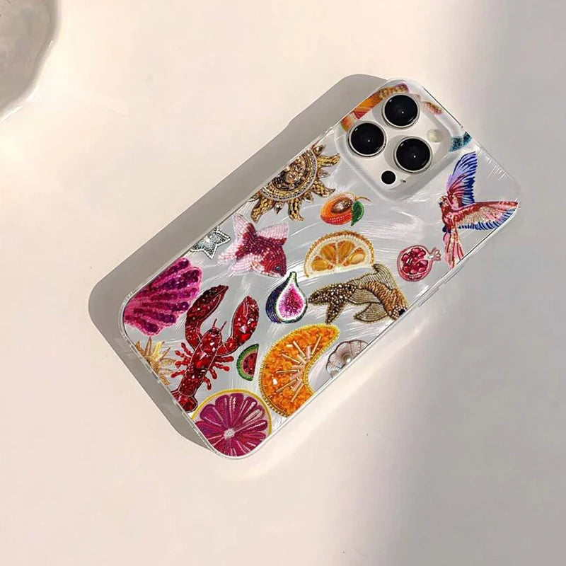 Ocean Elements Fruit Juice Pattern Phone Case For iPhone 16 15 14 Pro Max Shockproof Cover