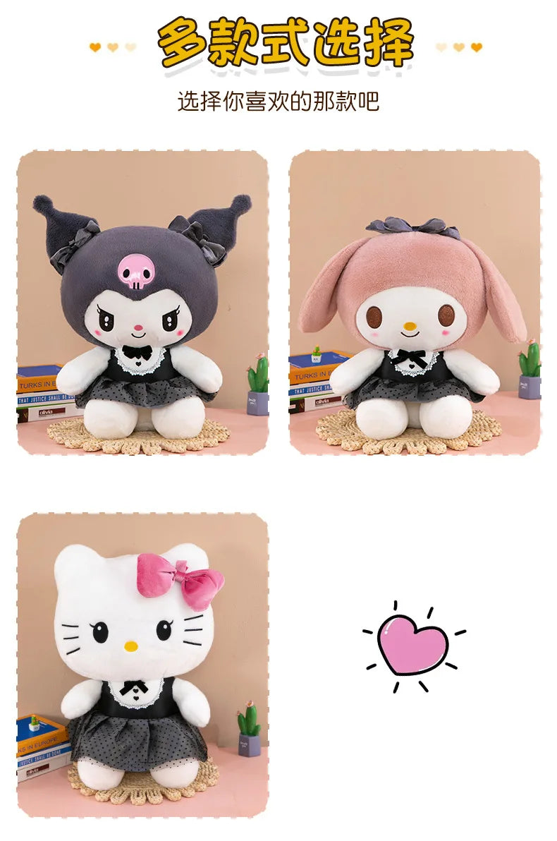 Kawaii Kuromi My Melody Plush Toy with Black Bow Skirt Cute Hello Kitty Stuffed Doll for Kids Birthday Xmas Gift Large Size Toy