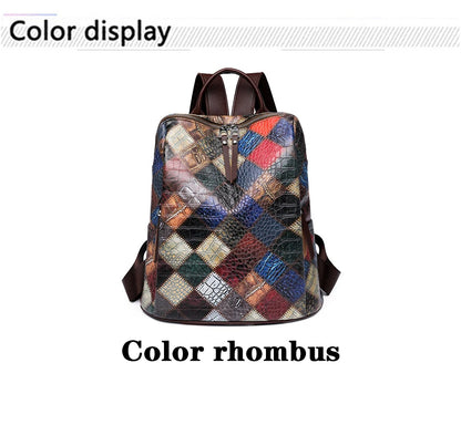 Patchwork Leather Backpacks Large Capacity Travel School Bag Retro Shoulder Bag Bagpack