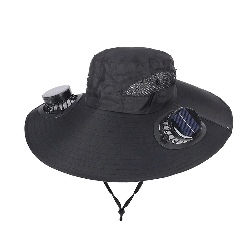 Wide Brim Solar Fan Hat With Dual Fans And USB Charging