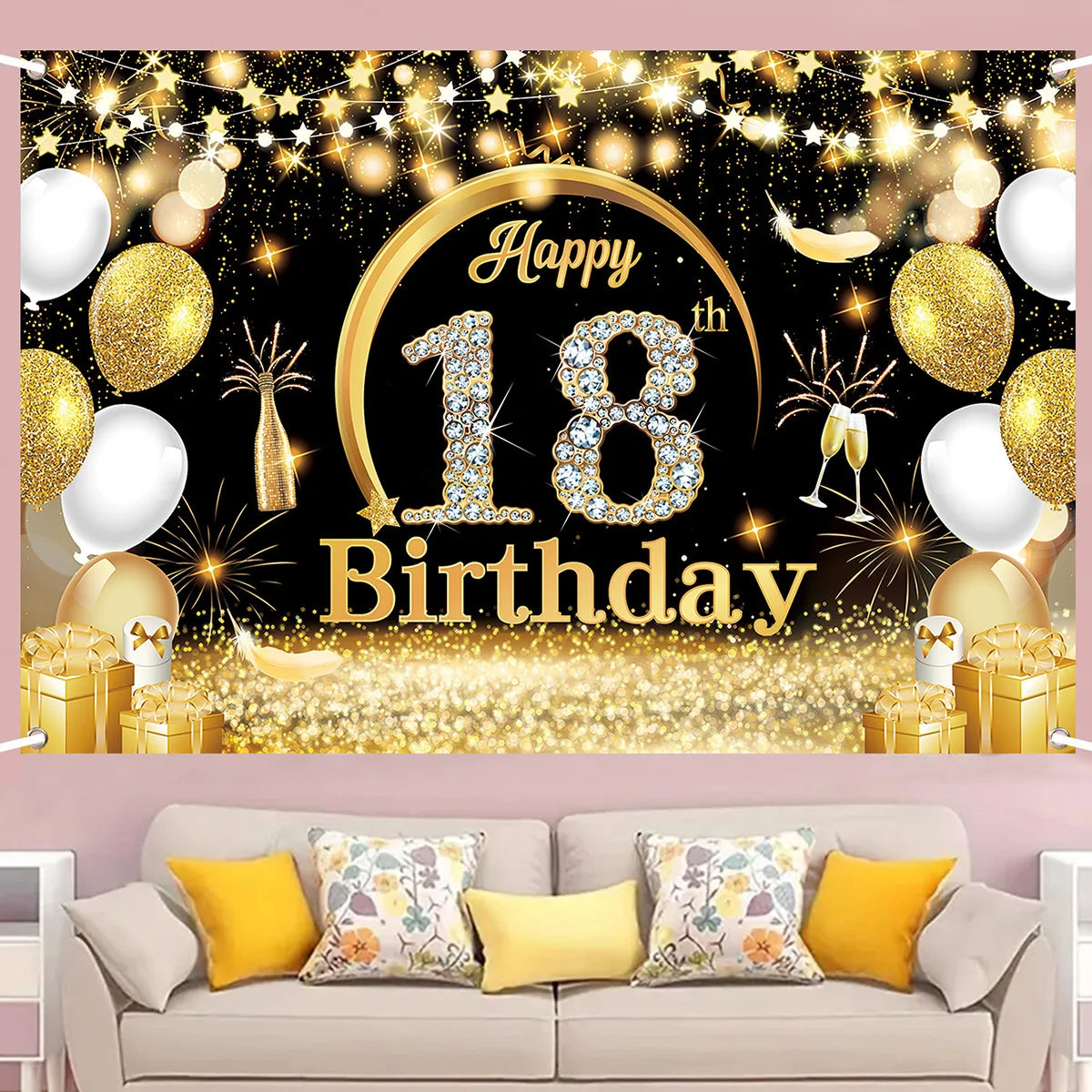 Black Gold Birthday Backdrop Happy 18th 70th Birthday Party Decoration Adult