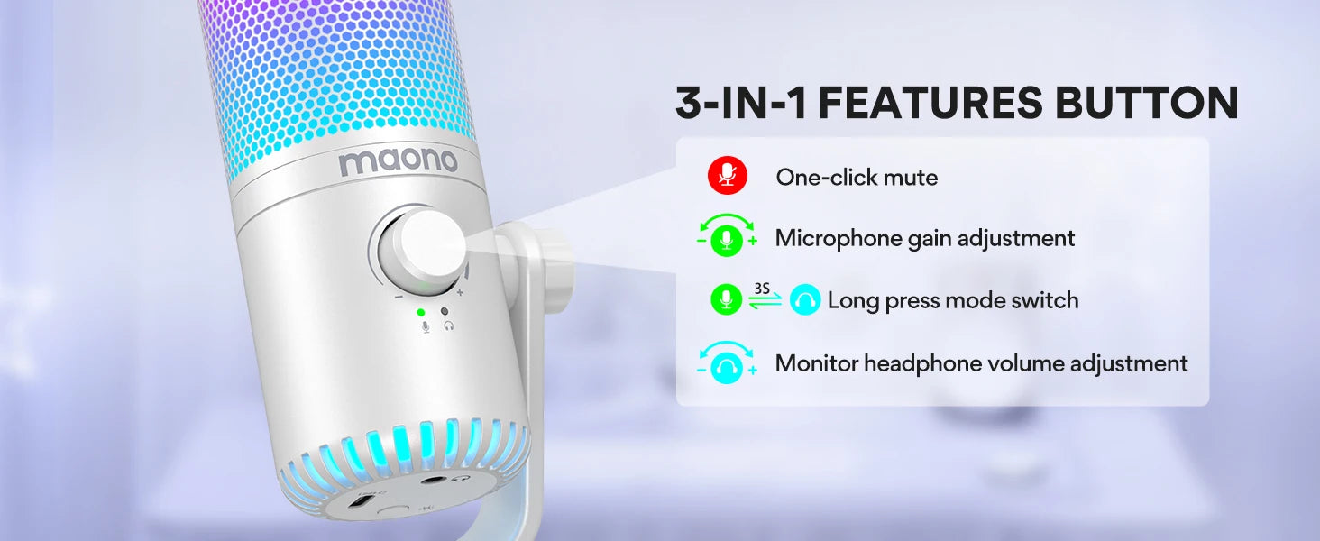 DM30 RGB USB Microphone RGB Gaming Microphone Computer Mic USB Gaming Mic with Mic Gain and RGB Lighting for PC, Phone