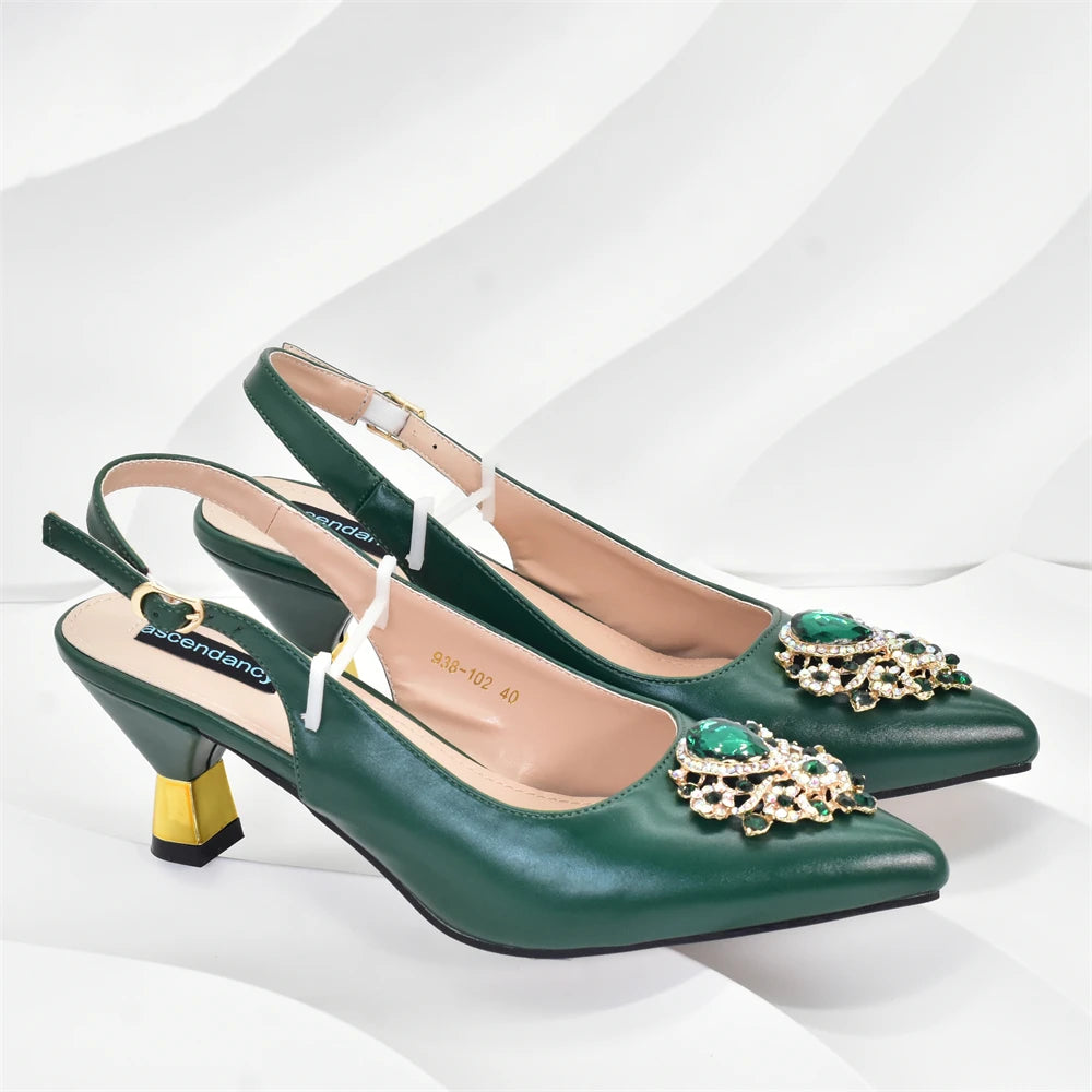 Latest Party Shoes and Bags To Match for Nigerian Luxury Pointed Toe Shoes with Rhinestones Party Ladies Shoes and Bag Set