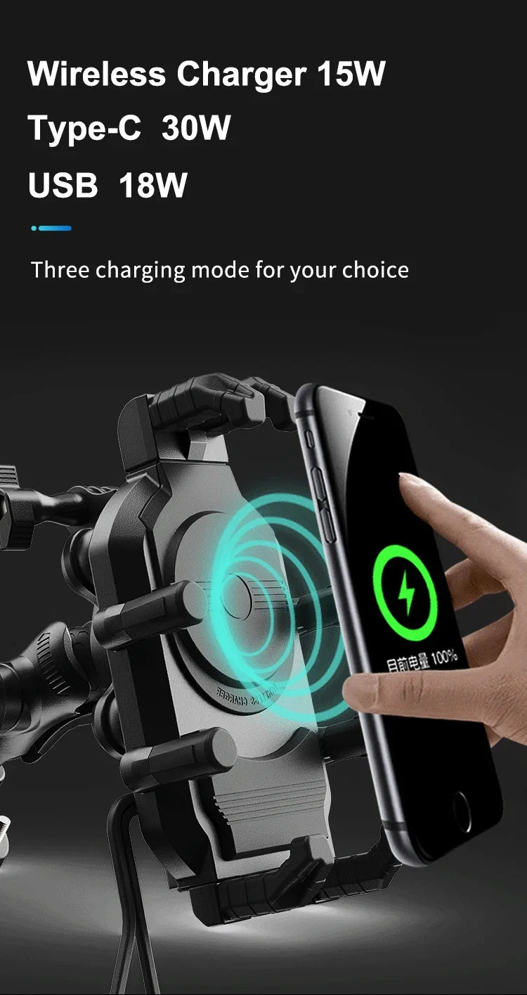 Shockproof & Light Blocking Motorcycle Phone Holder Wireless Charger & 18W USB 30W Type C Fast Charging Motorbike Bicycle Stand