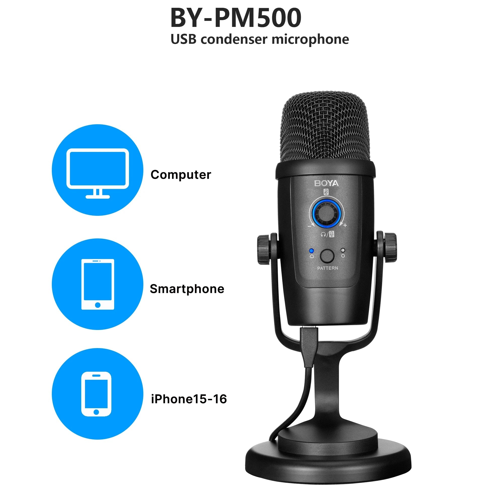 BY-PM500 Gaming Condenser USB Microphone for PC Mobile Phone Android Windows Mac Youtube Recording Streaming Blogger Vlog