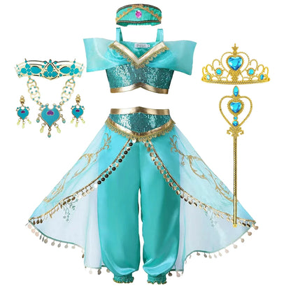 Girls Jasmine Dress Aladdin Princess Magic Lamp Carnival Birthday Clothing Vestidos Halloween Party Cosplay Costume