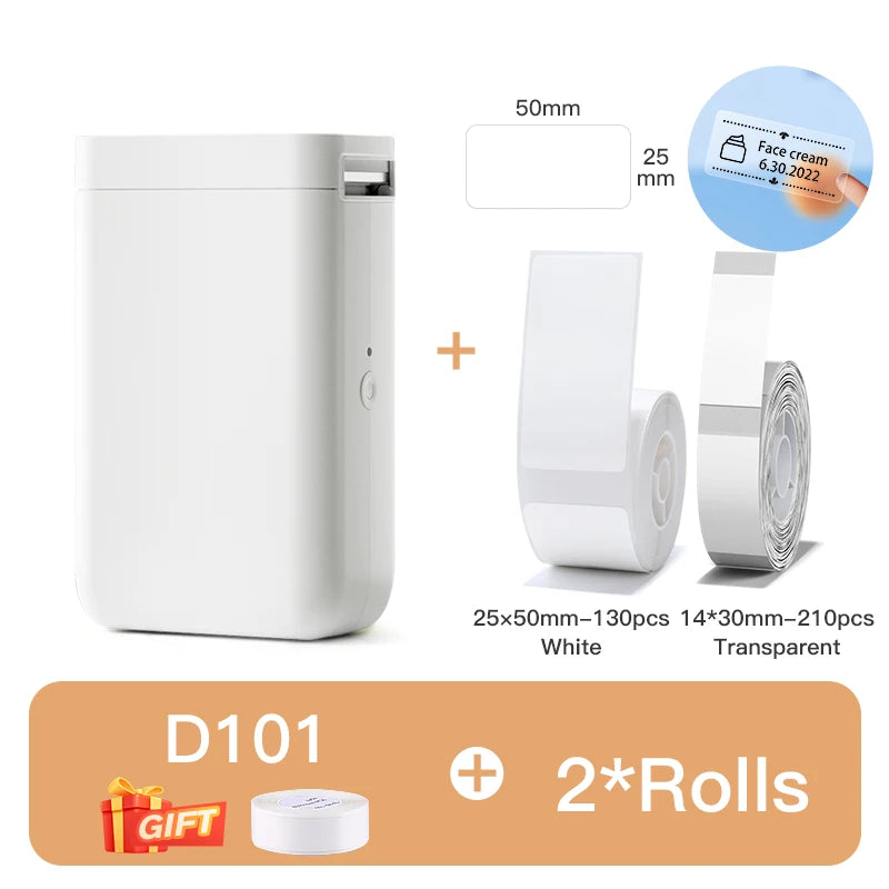 D101 Mini Thermal Label Printer, Portable Bluetooth Inkless Label Maker (10–25mm), Rechargeable Type-C for Home, Office & Business