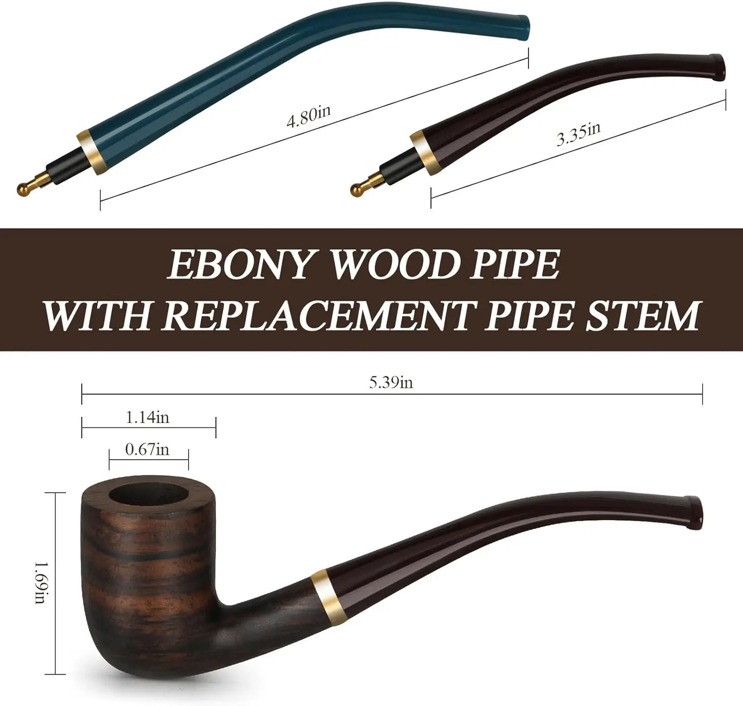 Handmade Pipe, Ebony Wood Pipe Kit with Replaceable Long Pipe Stem,4-in-1 Pipe Stand Holder, Pipe Gift Box