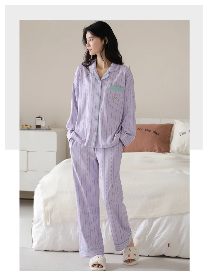 Women’s Winter 100% Cotton Pajama Set – Loose Fit, Turn-Down Collar, Long Sleeves, Cute Pink