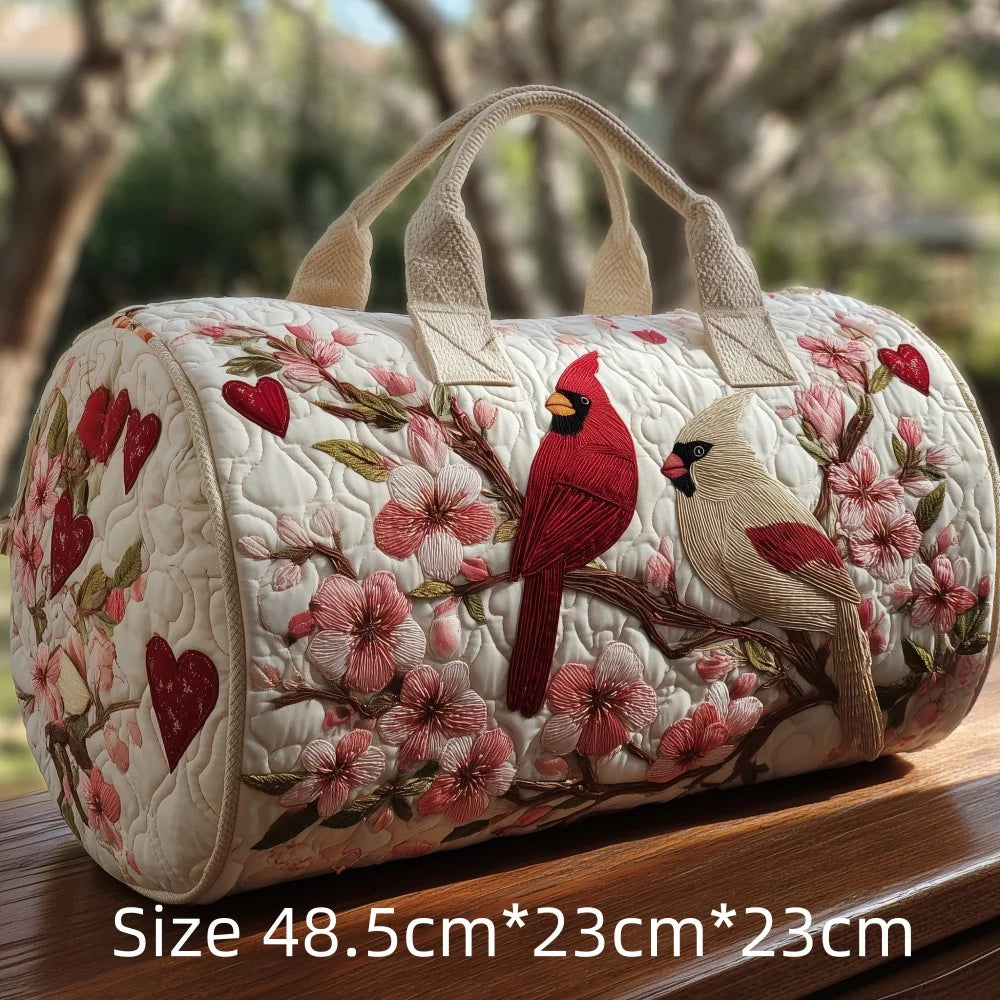Trending Vintage 3D Quilted Travel Bag Cardinal Bird Floral Printed  Durable Weekend Gym Trip Beach Bag Carry on Tote for Women