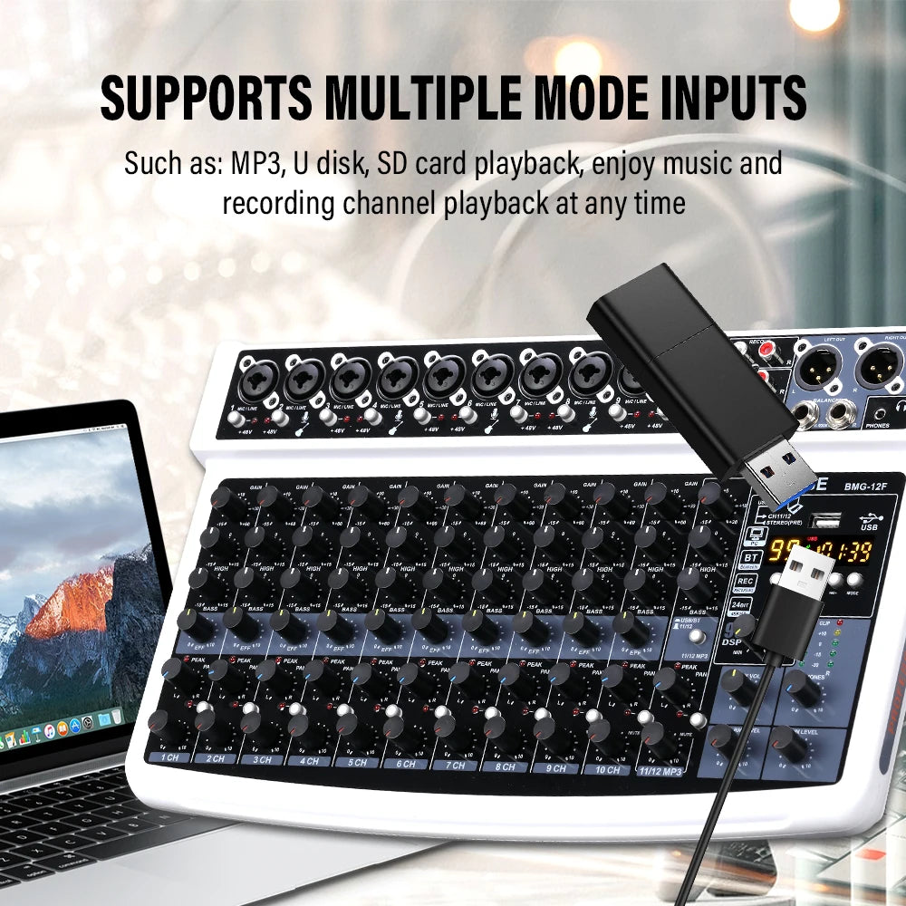 12 Channel Professional Audio Mixer with Bluetooth USB 99 DSP Effects and 48V Phantom Power