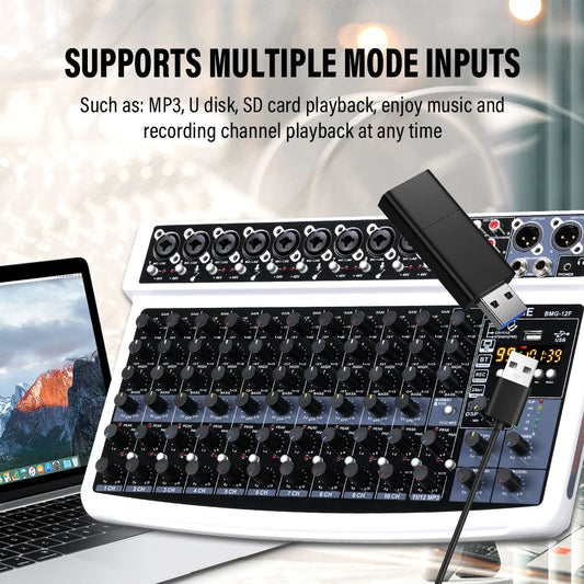 12 Channel Professional Audio Mixer with Bluetooth USB 99 DSP Effects and 48V Phantom Power
