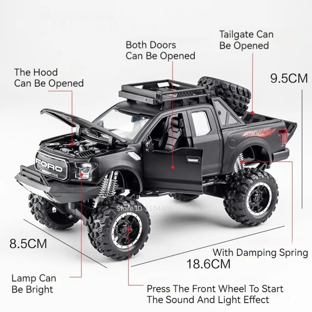 1:32 Scale Raptor F-150 BigFoot Pickup Car Model Toy Pull Back Sound&Light Off Road Truck Models Collection Gifts