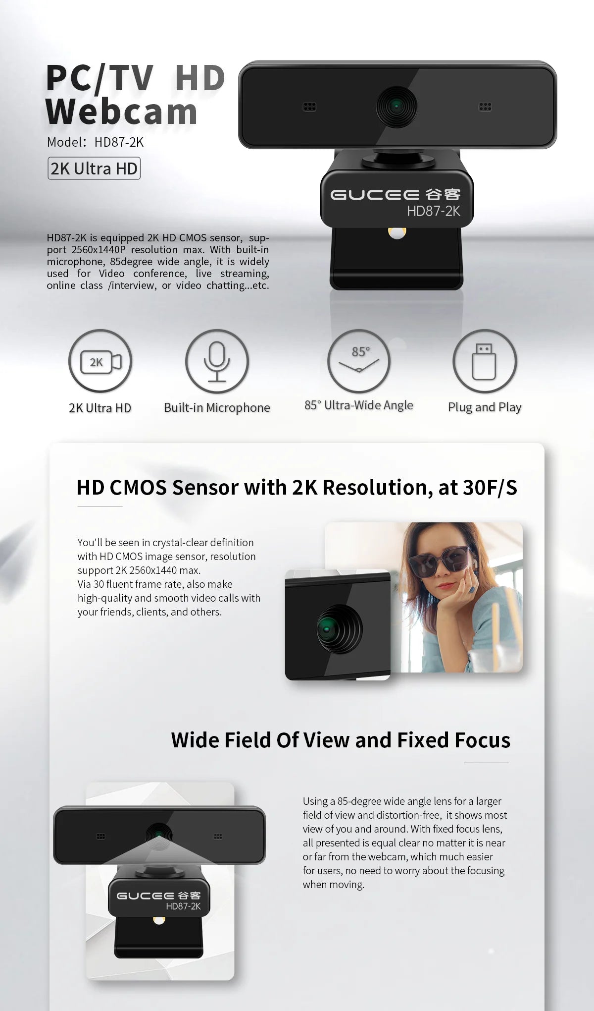 Webcam 2K UHD Web Cam for Pc USB Camera Built Microphone 2MP Fixed-focus for Laptop Live Streaming Online Teaching Computer