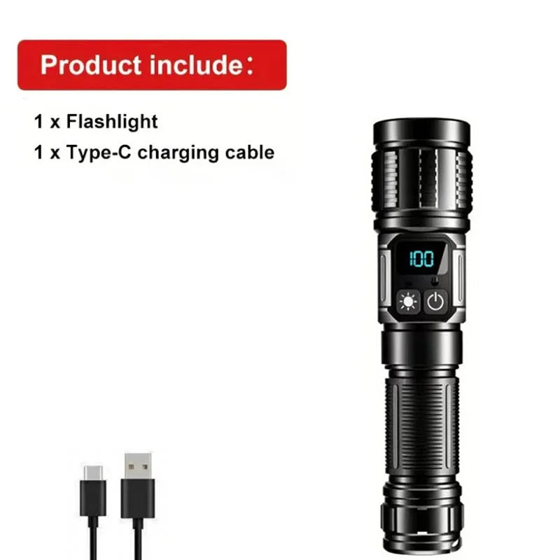 Rechargeable LED Flashlight With Magnetic Base Zoom And Power Display