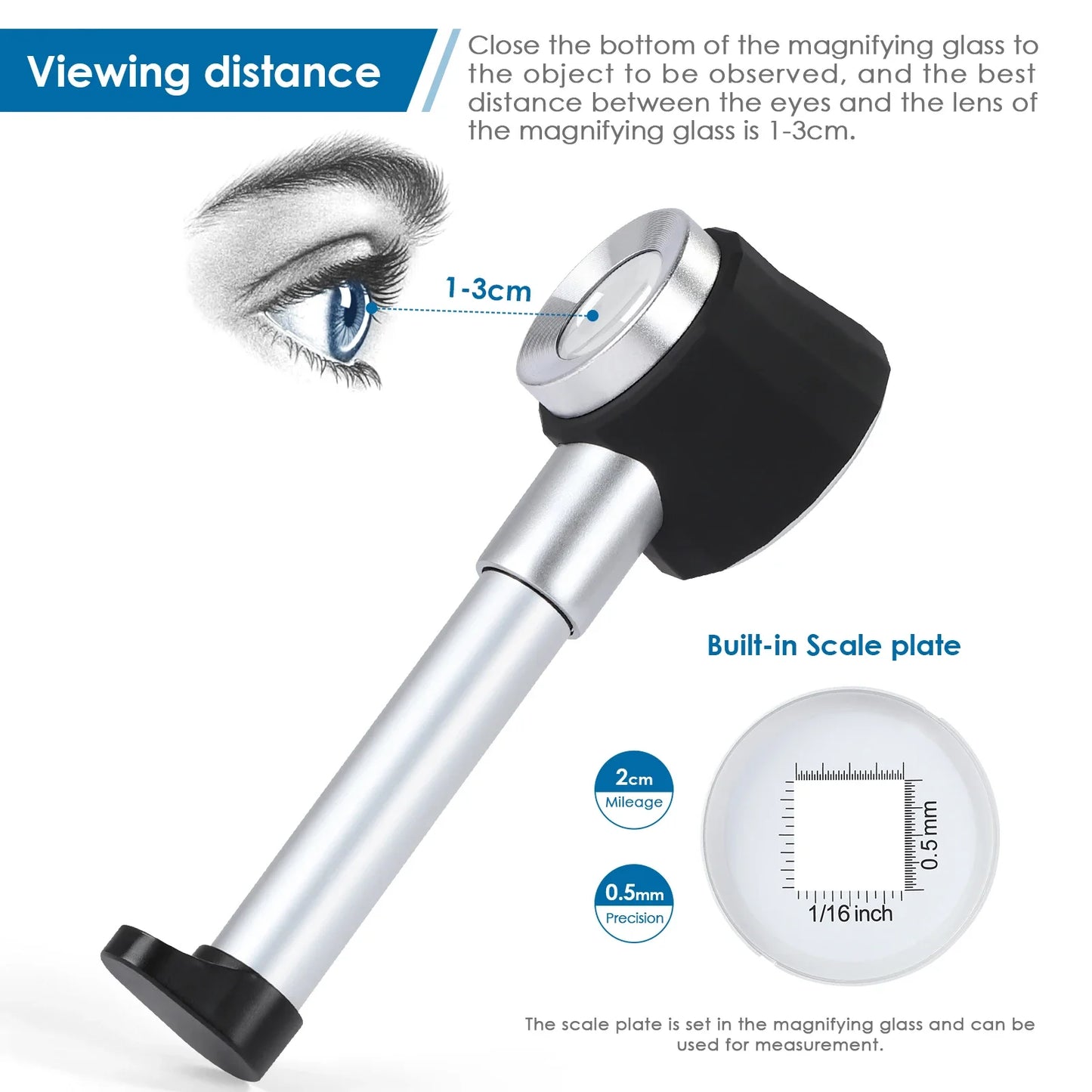 30X LED UV Magnifier Loupe with Scale Metal Handheld