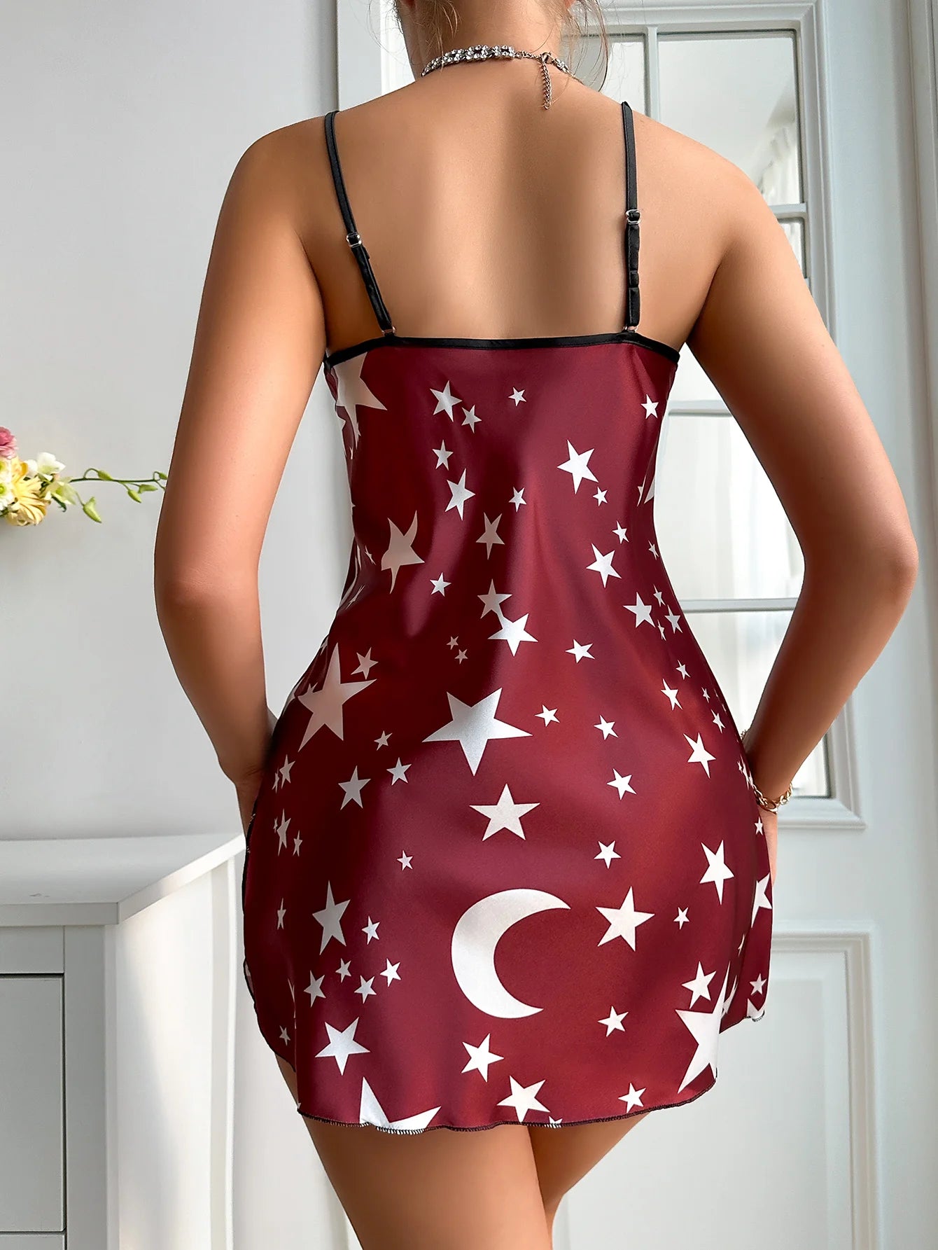 Moon  Star Print Satin Nightgown  Casual V Neck Backless Side Split Slip Dress Women's Sleepwear