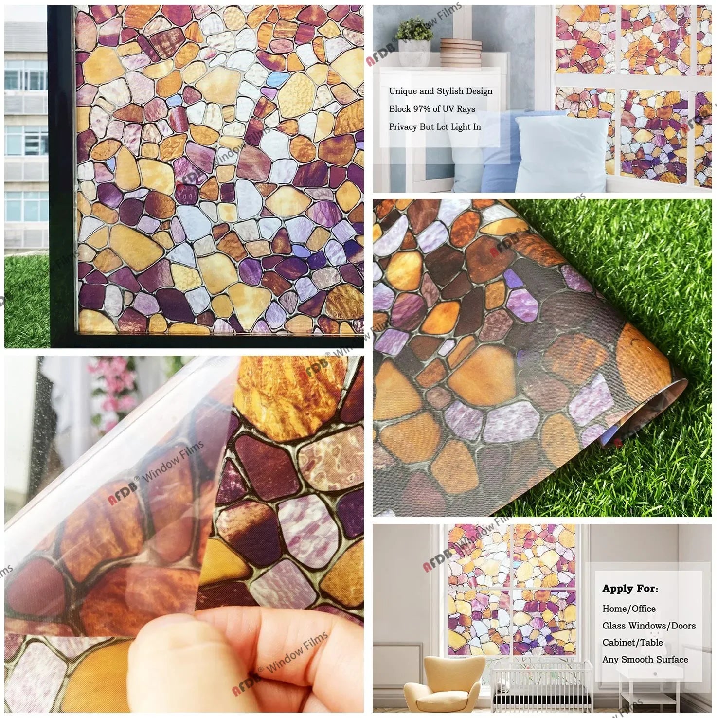 Window Film Privacy Stained Glass Film Static Cling Decorative Vinyl Removable Window Tint UV Blocking Stickers for Home Office