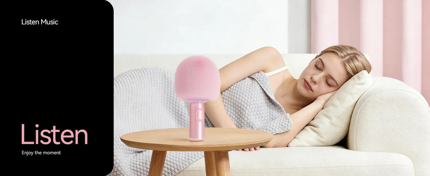 Bluetooth Karaoke Microphone with Fluffy Cover, 2-in-1 Handheld Mic & Speaker with Dynamic LED Lights for Party Singing