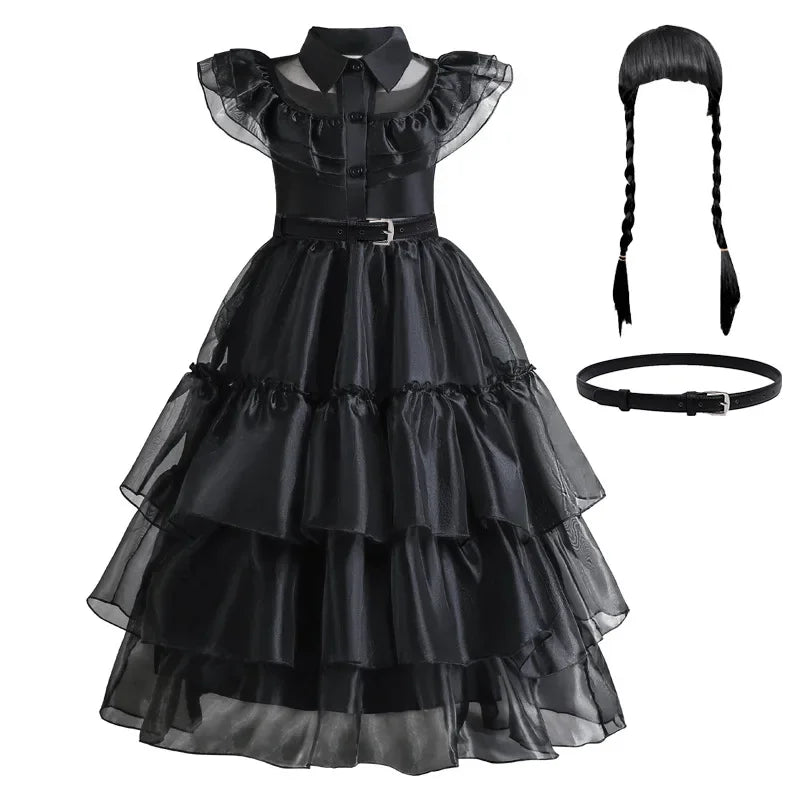 Girls Mesh Hollowed Out Cake Long Dress Cosplay American Drama Matching Ball Dress Black Kids Cospaly Dresses for Halloween