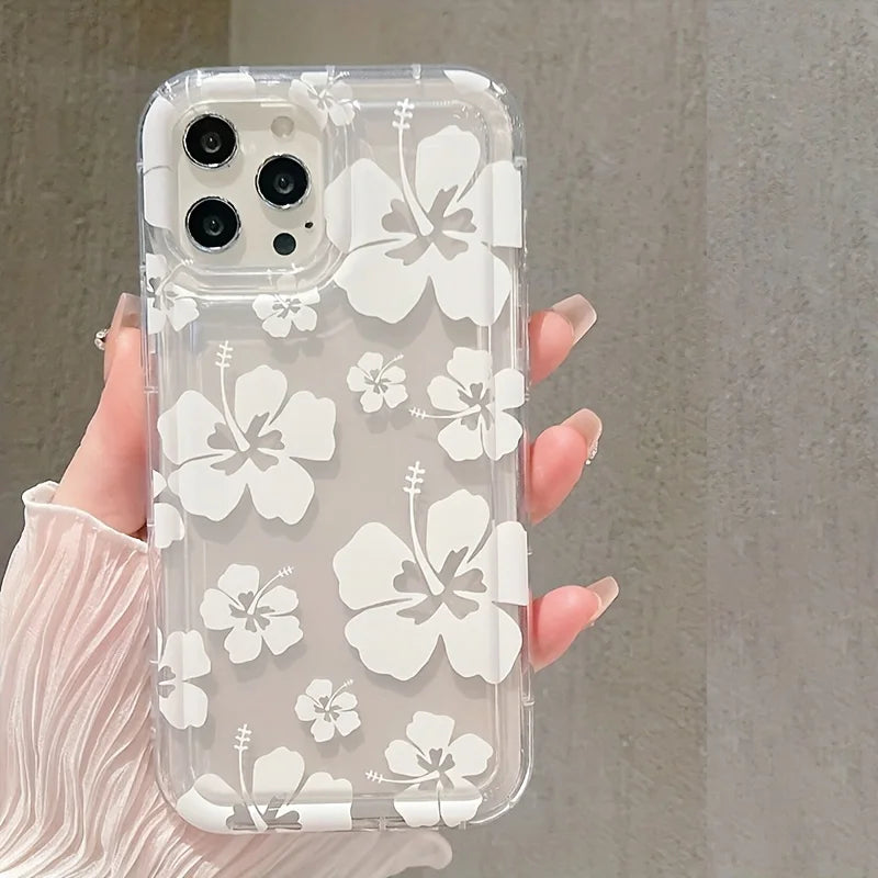 White Flower Clear Phone Case For iPhone 17 16 14 15 Pro Max 16E Air Airbag Shockproof Phone Cover