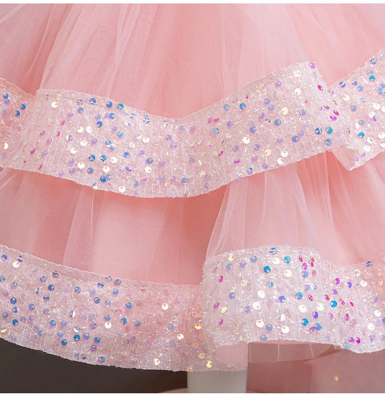 Sparkling Girls' Evening Gown - Sequin Dress with Train for Birthday Party & Piano Recital