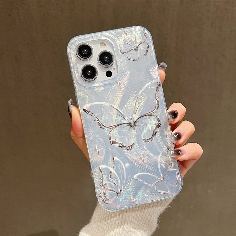 For iPhone 14 15 16 17 Pro Max Case Luxury Laser Silver Butterfly Phone Case for iPhone