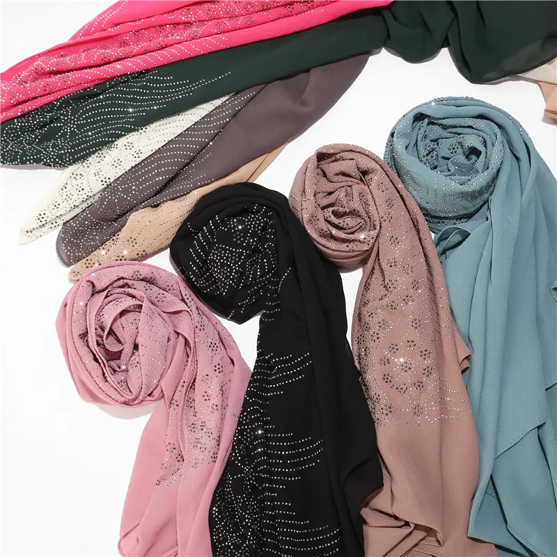 Tassel Diamond Muslim Hijabs Luxury Sequin Chiffon Scarf For Women Dress Abaya Hijab Veil Scarf Long Shawls Turban