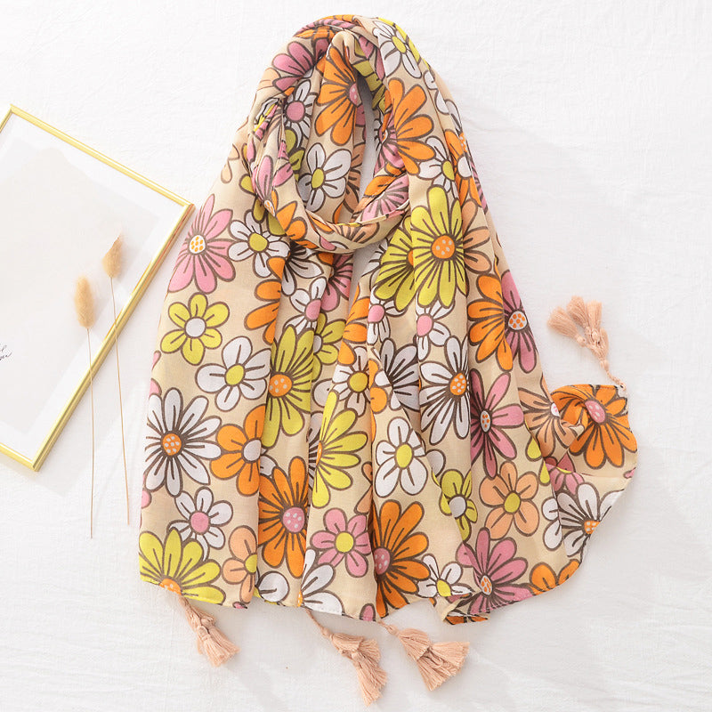 Spring Scarf Pink Blue Floral Paisley Printed Scarves Women Lady Girl Cotton Linen Bohemian Scarf For Summer Beach Shawl Bandana