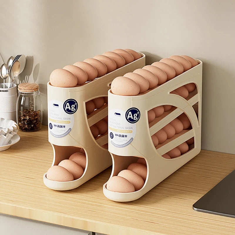 4-Layer Automatic Rolling Egg Holder Rack – Refrigerator Egg Storage Box Kitchen Organizer
