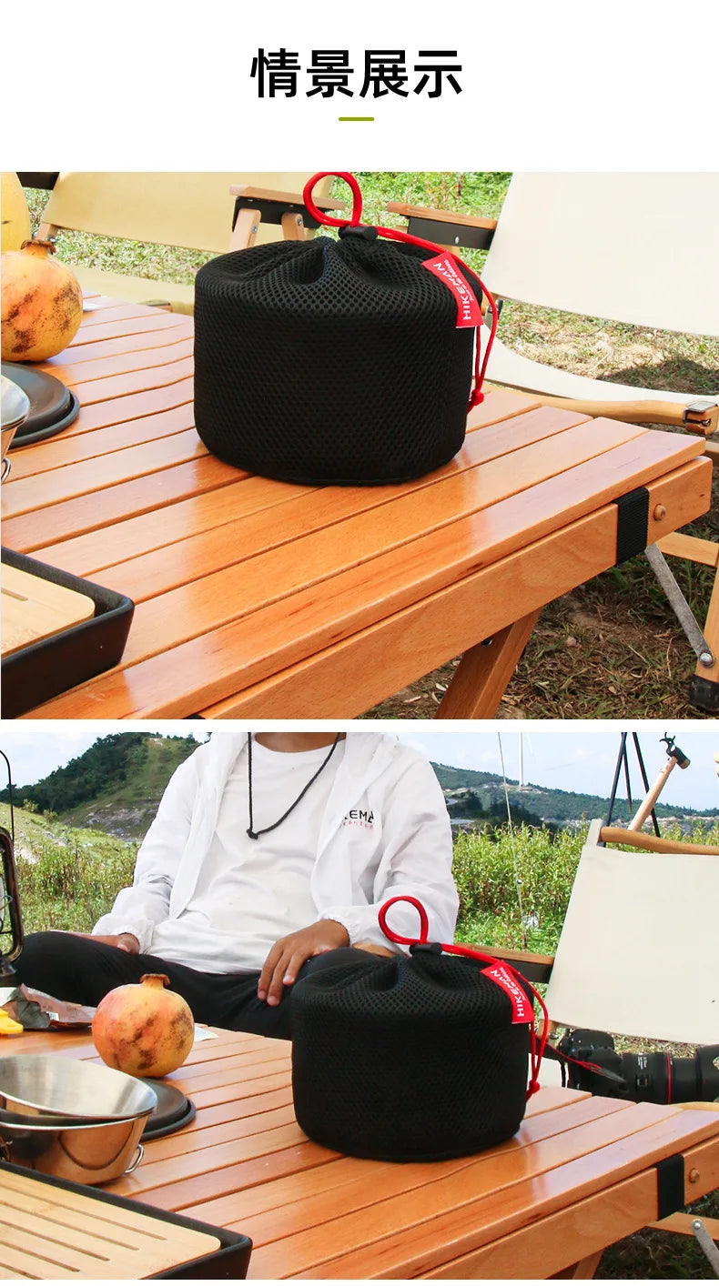 Outdoor Camping Pot Storage Bag Portable Picnic Cookware Storage Bag Sandwich Mesh Drawstring Pocket