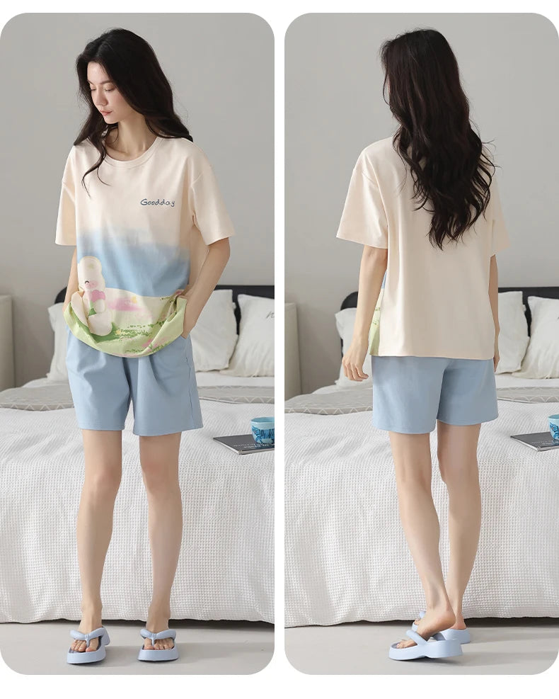 2-Pcs Women’s Cotton Pajama Set – Breathable Short Sleeve Summer Sleepwear with Cute Prints