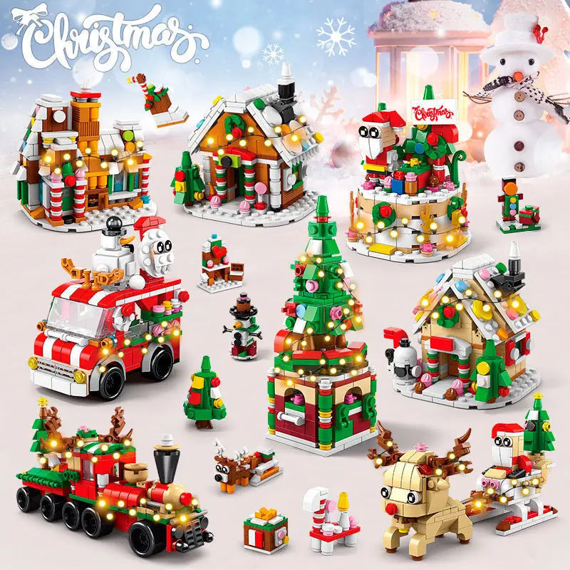 DIY 8in1 Lights Christmas Elk Deer Santa Claus Train Architecture Store Street View Xmas Tree Snow House Building Block Kit Toy