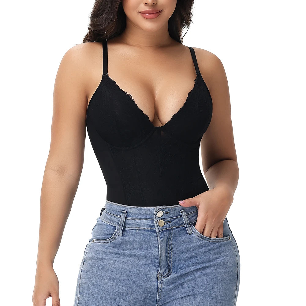 Lace Bodysuit for Women – V-Neck Backless Tummy Control Shapewear