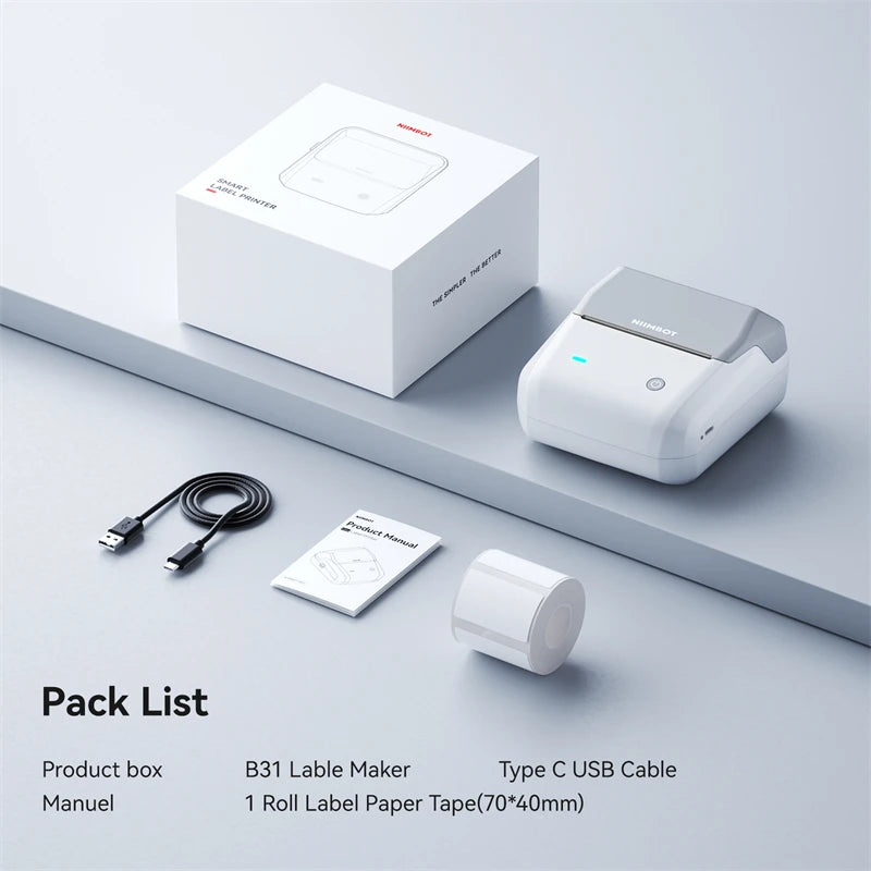 B31 Thermal Label Printer, Bluetooth Wireless Barcode Sticker Maker 20–77mm, Portable Inkless Label Printer for Business