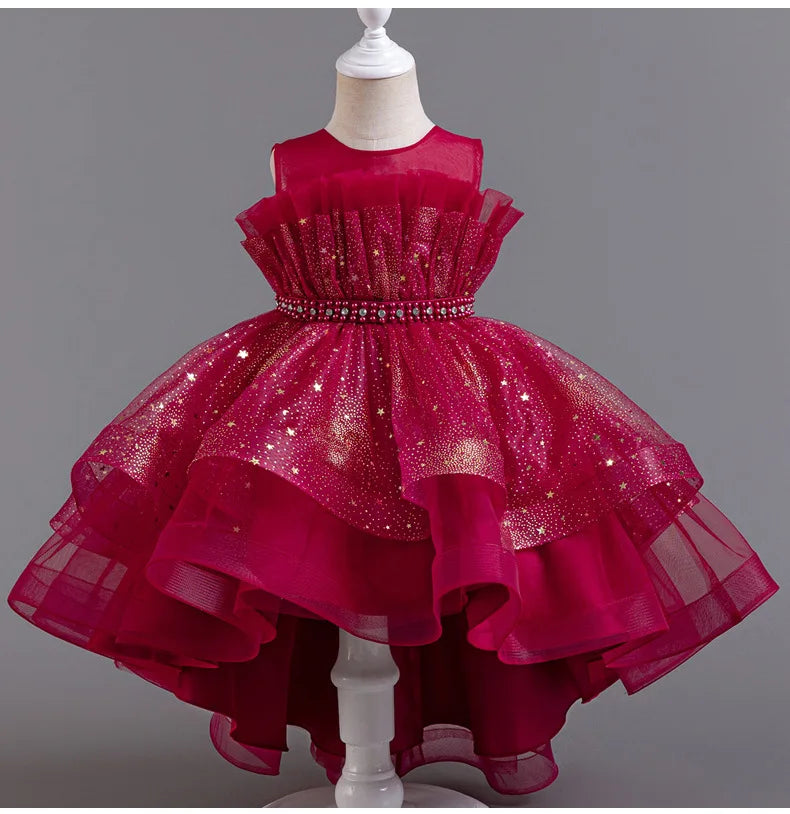 Elegant Girls' Performance Gown - Sleeveless Tulle Dress with Train for Piano Recital & Walk Show