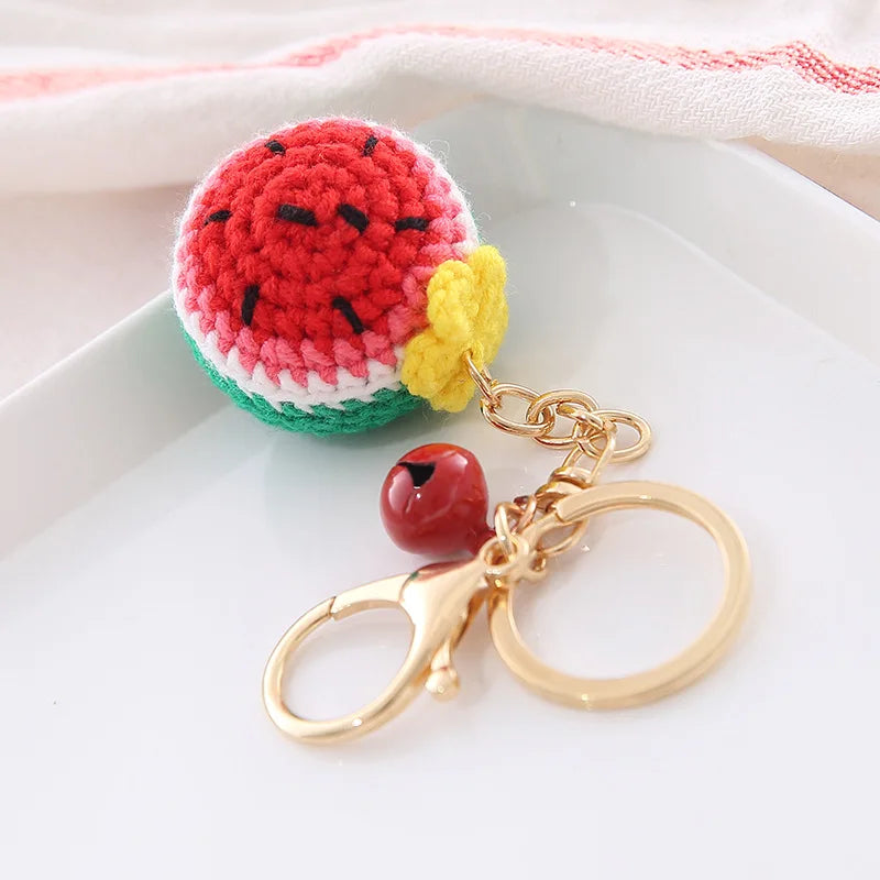 5 Pcs Handmade Weaving Keychain Wool Crochet Unique Knitted Pendant Keyring Strawberry Watermelon Orange Pendant Key Chain Gifts